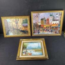 3 Framed oil/canvas paintings with signatures paris Venice street art Levi