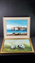 2 Framed oil/canvas artwork pieces with signatures Seascape Vellia Pandas P. Sanders