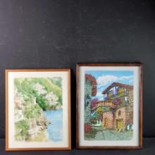 Lot of 2 framed prints 1 with signature seacliff houses Pureto Vallarta