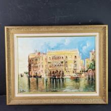 Framed artwork oil/Masonite Venice Italy with signature
