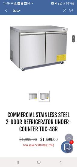 COMMERCIAL STAINLESS STEEL 2-DOOR REFRIGERATOR UNDER-COUNTER TUC-48R NIB