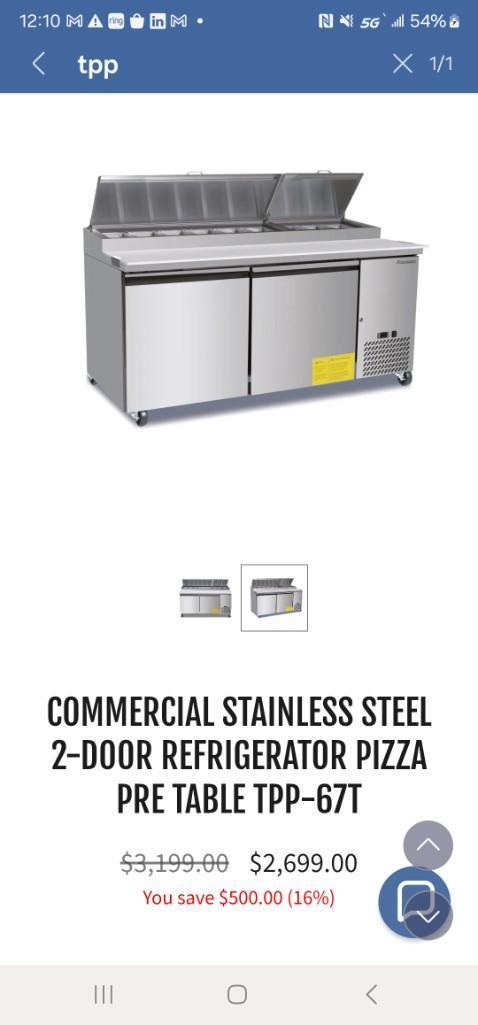 COMMERCIAL STAINLESS STEEL 2-DOOR REFRIGERATOR PIZZA PRE TABLE TPP-67T NIB