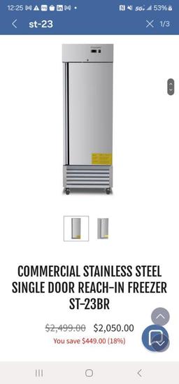 COMMERCIAL STAINLESS STEEL SINGLE DOOR REACH-IN FREEZER ST-23BR NIB