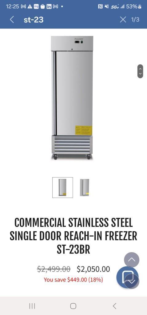 Open box COMMERCIAL STAINLESS STEEL SINGLE DOOR REACH-IN FREEZER ST-23BR