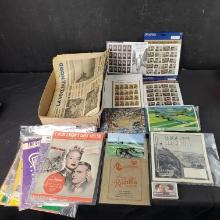 Box misc. vintage sheet music newspapers magazines postcards stamps etc.
