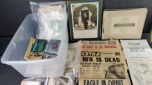 Bin of vintage newspapers calander black and white photos postcards ephemera more