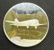History Of Flight Douglas DC-3 1935 Sterling Silver Coin 1.32 Oz