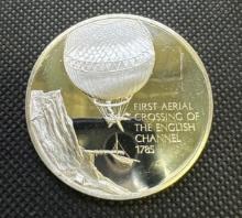 History Of Flight 1st Aerial Crossing Of The English Channel 1785 Sterling Silver Coin 1.32 Oz