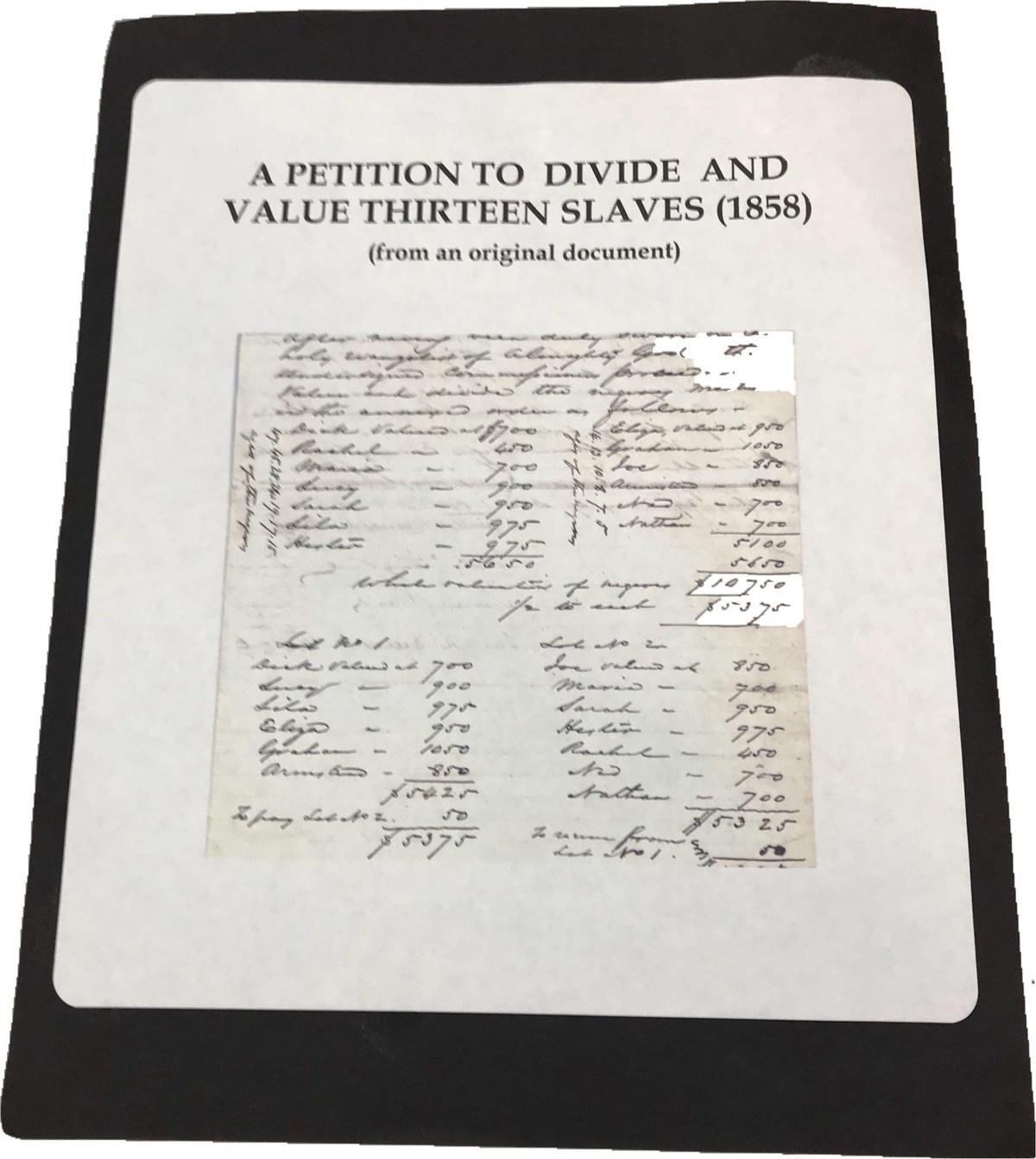 Copy of Rare 1858 Document, Petition to Divide and Value Thirteen Slaves