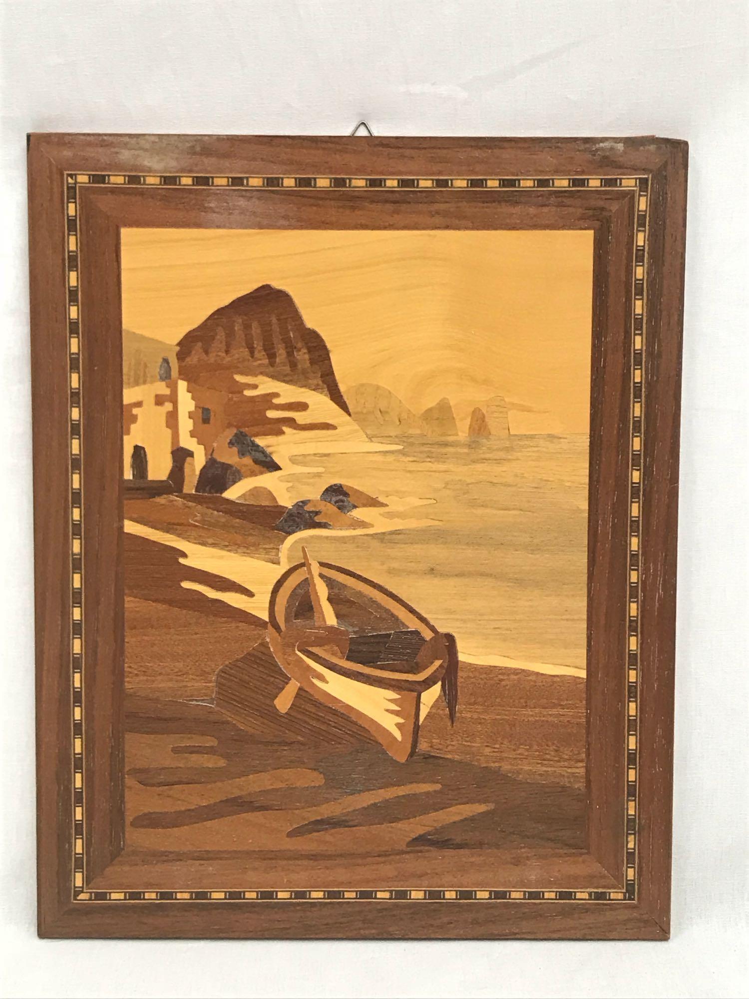Vintage Marquetry Wood Inlay Art with boat 10 x 12