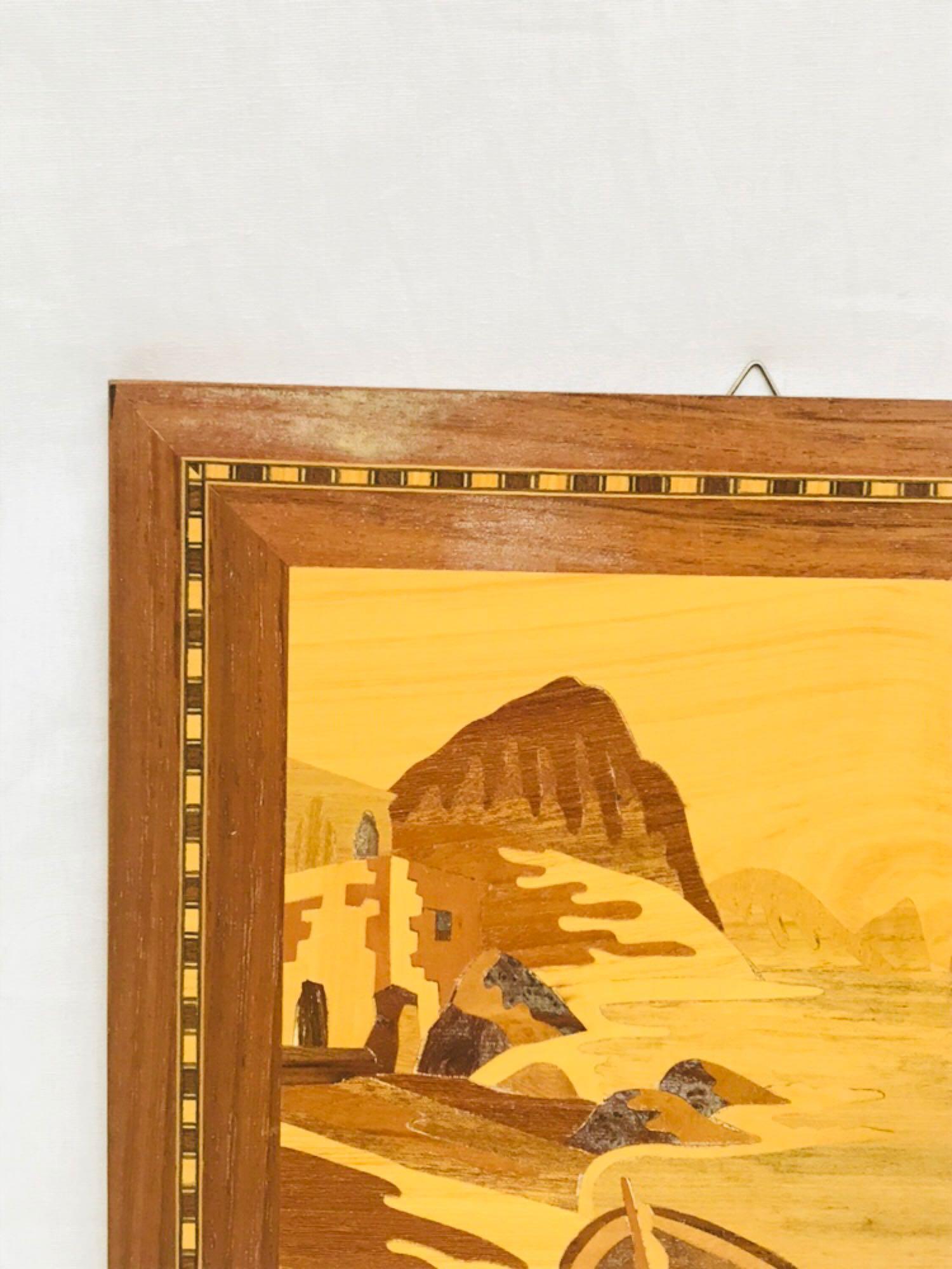 Vintage Marquetry Wood Inlay Art with boat 10 x 12