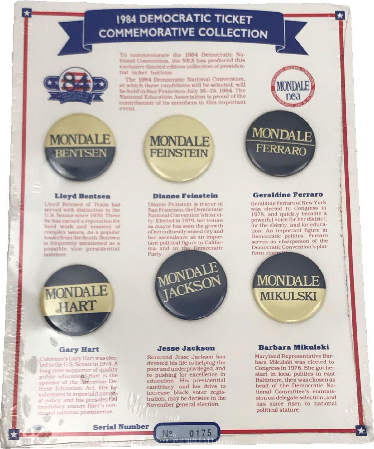 Rare 1984 Democratic Ticket Commemorative Collection Prospective Vice President Buttons