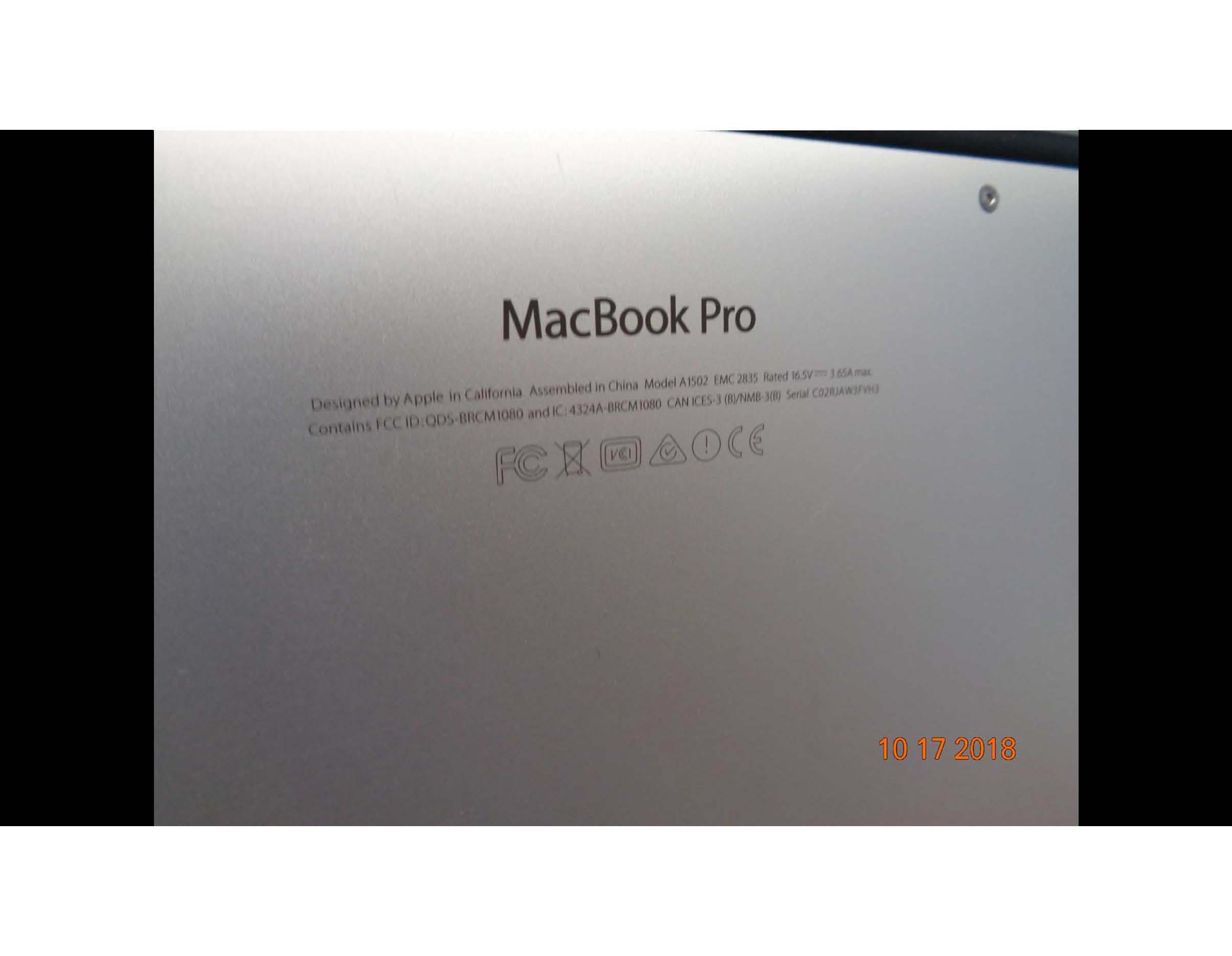 Insurance Claim:  MacBook Pro A1502 laptop