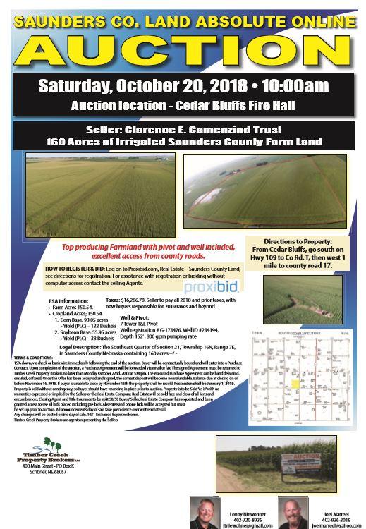 Absolute Auction - 160 Acres Saunders County Irrigated Land