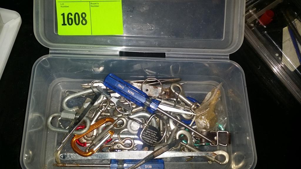 Box of snap grins, D rings, screwdriver and misc