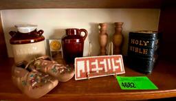 Ceramic cream can, jug, shoes, bible