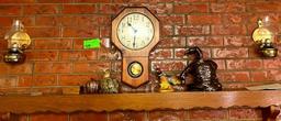 Clock, lantern, glass ducks, misc