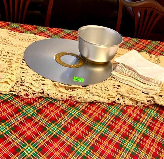 Antique Metal Platter and Bowl/ Lace Table Cloth