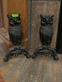 Vintage Cast Iron Owl Andirons with Glass Eyes