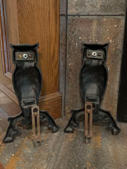 Vintage Cast Iron Owl Andirons with Glass Eyes