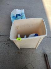 Trash can, bleach, cleaning supplies,ice melt
