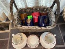 basket and coffee cups