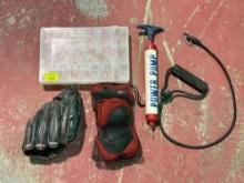 Baseball Glove, Knee Pads, Air Pump & Plastic Organizer Box