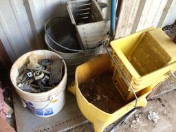 mop buckets and 5 gal bucket of metal pieces