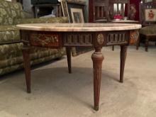 Vintage French-Style Wood Coffee Table with Marble Top