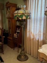 Brass Floor Lamp with Tiffany-Inspired Stained Glass Shade