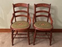 Vintage Wood Ladder Back Chairs with Needlepoint Seats