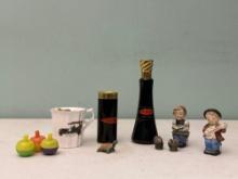 Boy & Girl Salt & Pepper Shakers, Mini Ceramic Turkeys & Turtle, Primitive Perfume & Grafton Mug