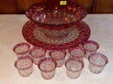 Cranberry Cut Glass Punch Bowl, Platter & Cups