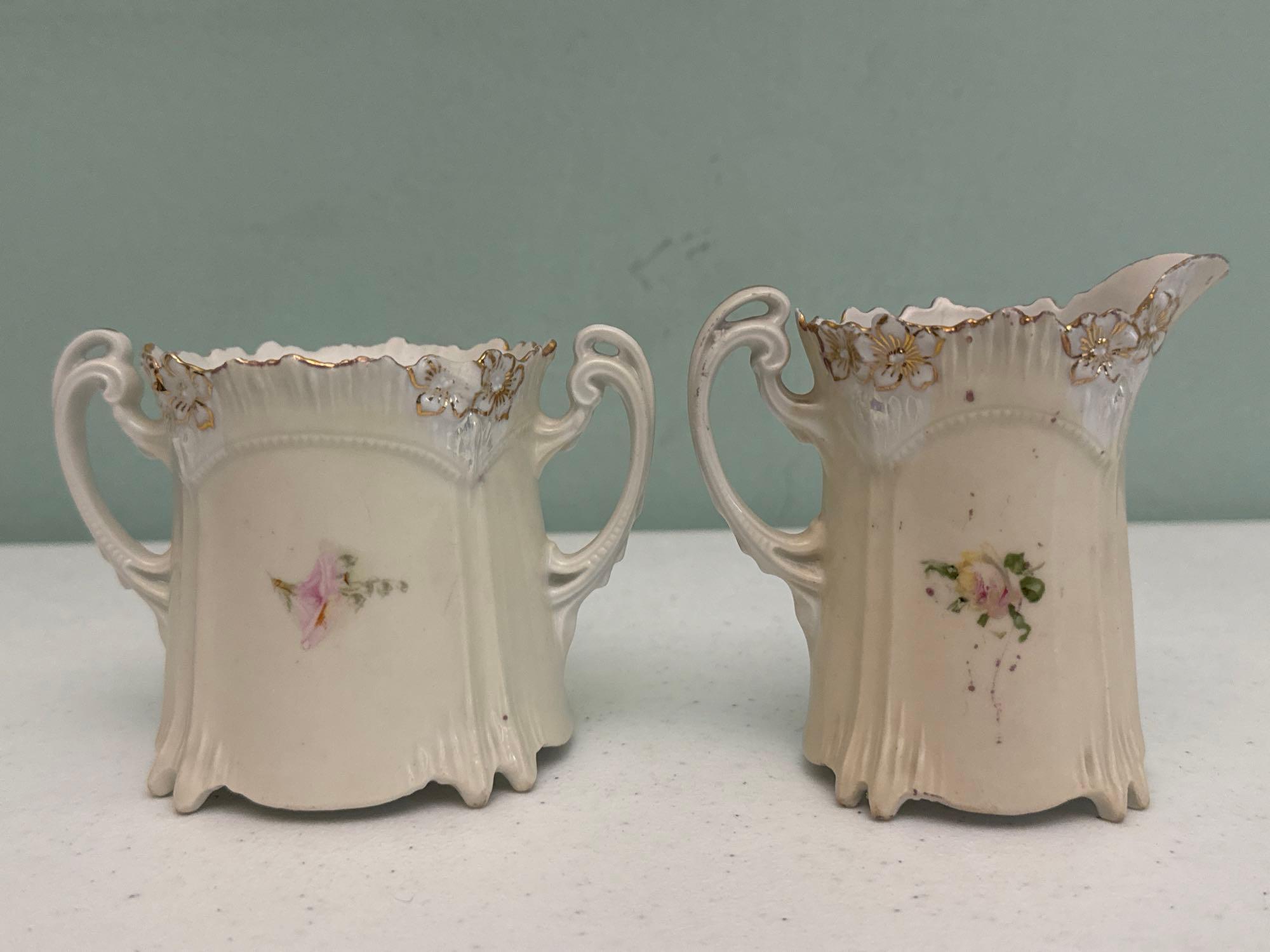 R.S. Prussia Sugar Bowl & Cream Pitcher, Ceramic Floral Dish & Carlton Silver Plate Childs Cup