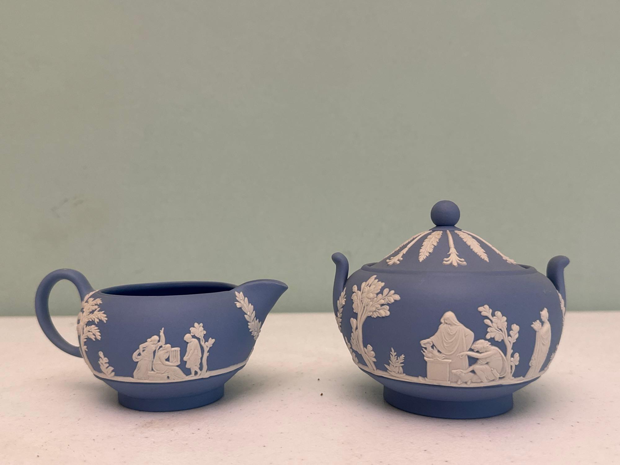 Vintage Wedgewood Blue Jasperware Sugar Bowl & Cream Pitcher with Salt & Pepper Shakers