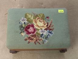 Vintage Wood Stool with Needlepoint Cushion