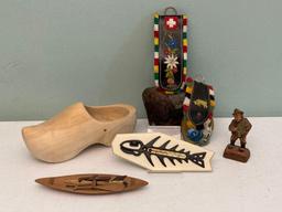 Swiss Cow Bells, Wood Clog, Wall Thermometer & Carved Wood Man Figurine