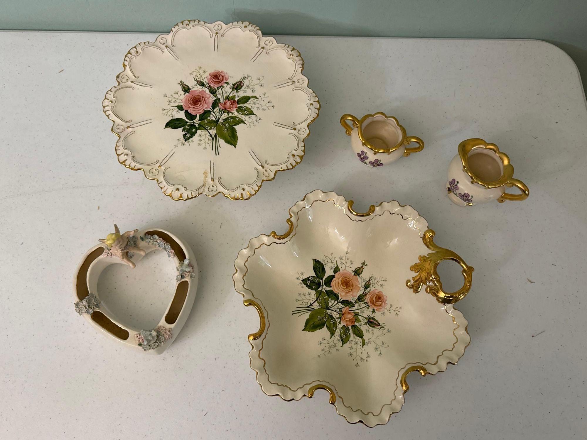 Hand Glazed Cake Pedestal, Creamer & Sugar Bowl & Cherub Heart Dish