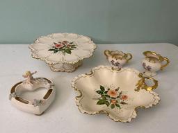 Hand Glazed Cake Pedestal, Creamer & Sugar Bowl & Cherub Heart Dish