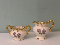 Hand Glazed Cake Pedestal, Creamer & Sugar Bowl & Cherub Heart Dish