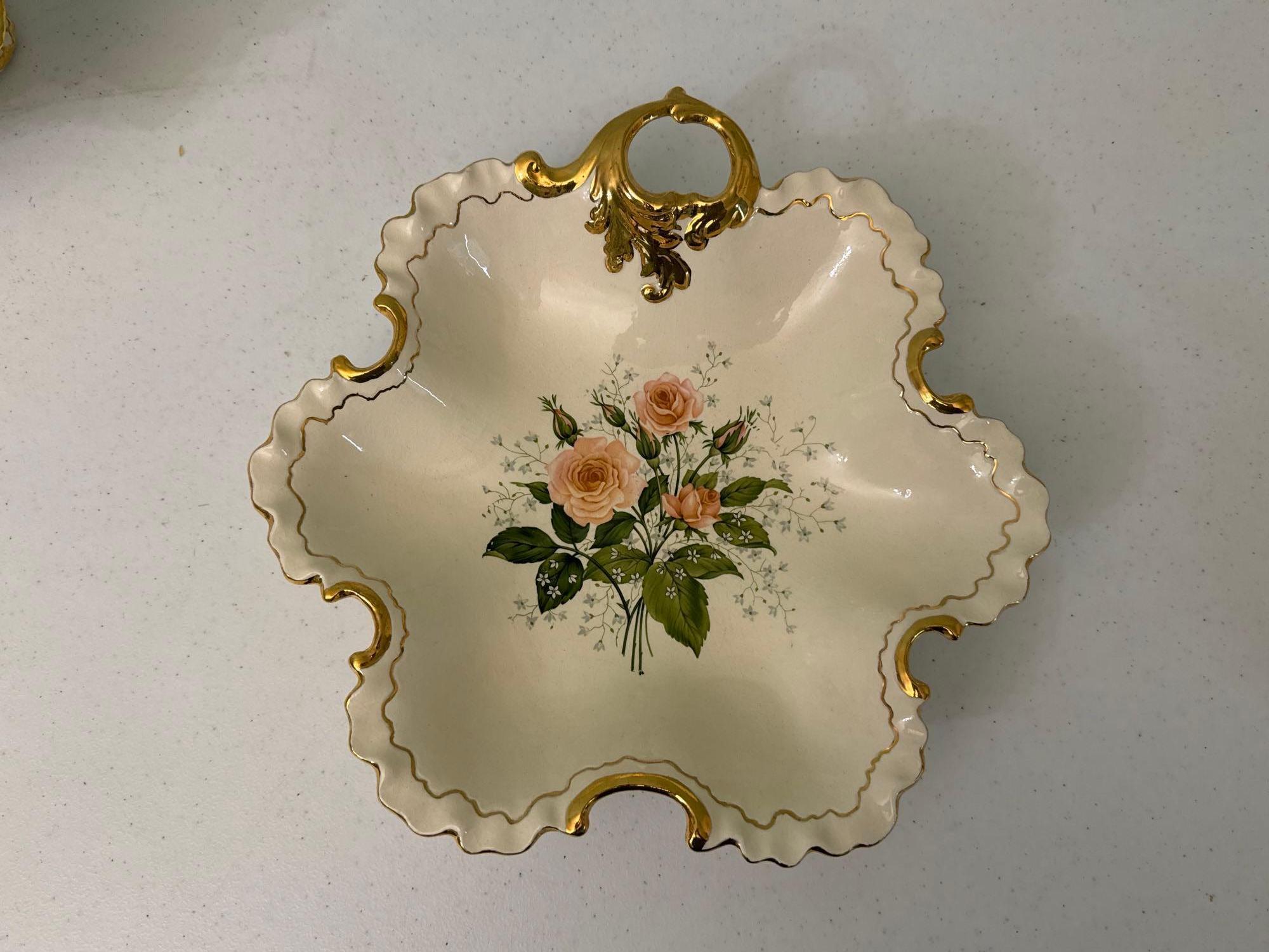 Hand Glazed Cake Pedestal, Creamer & Sugar Bowl & Cherub Heart Dish