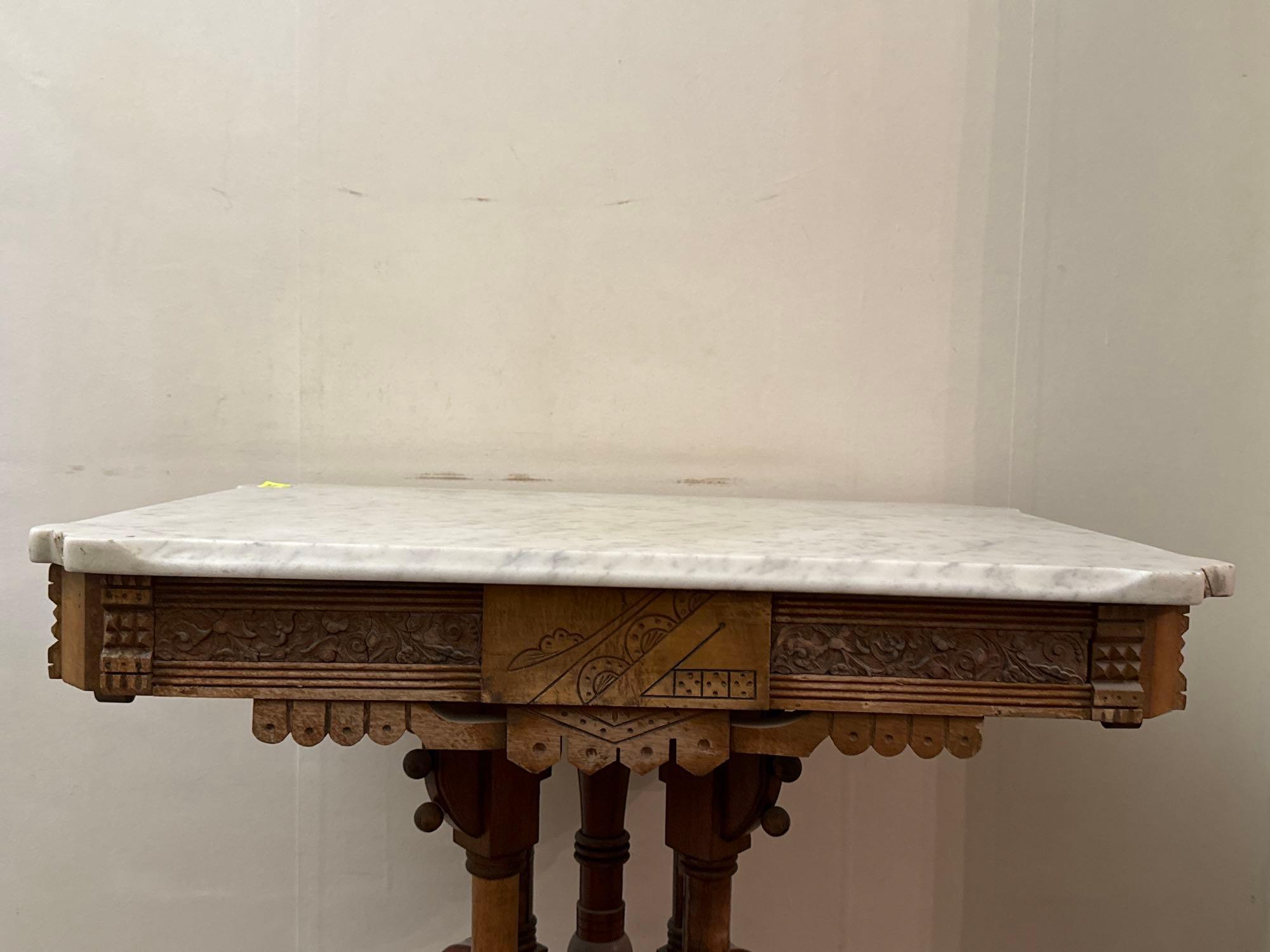 Antique Wood Parlor Table with Marble Top