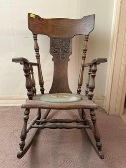 Antique Wood Rocking Chair with Floral Needlepoint Seat