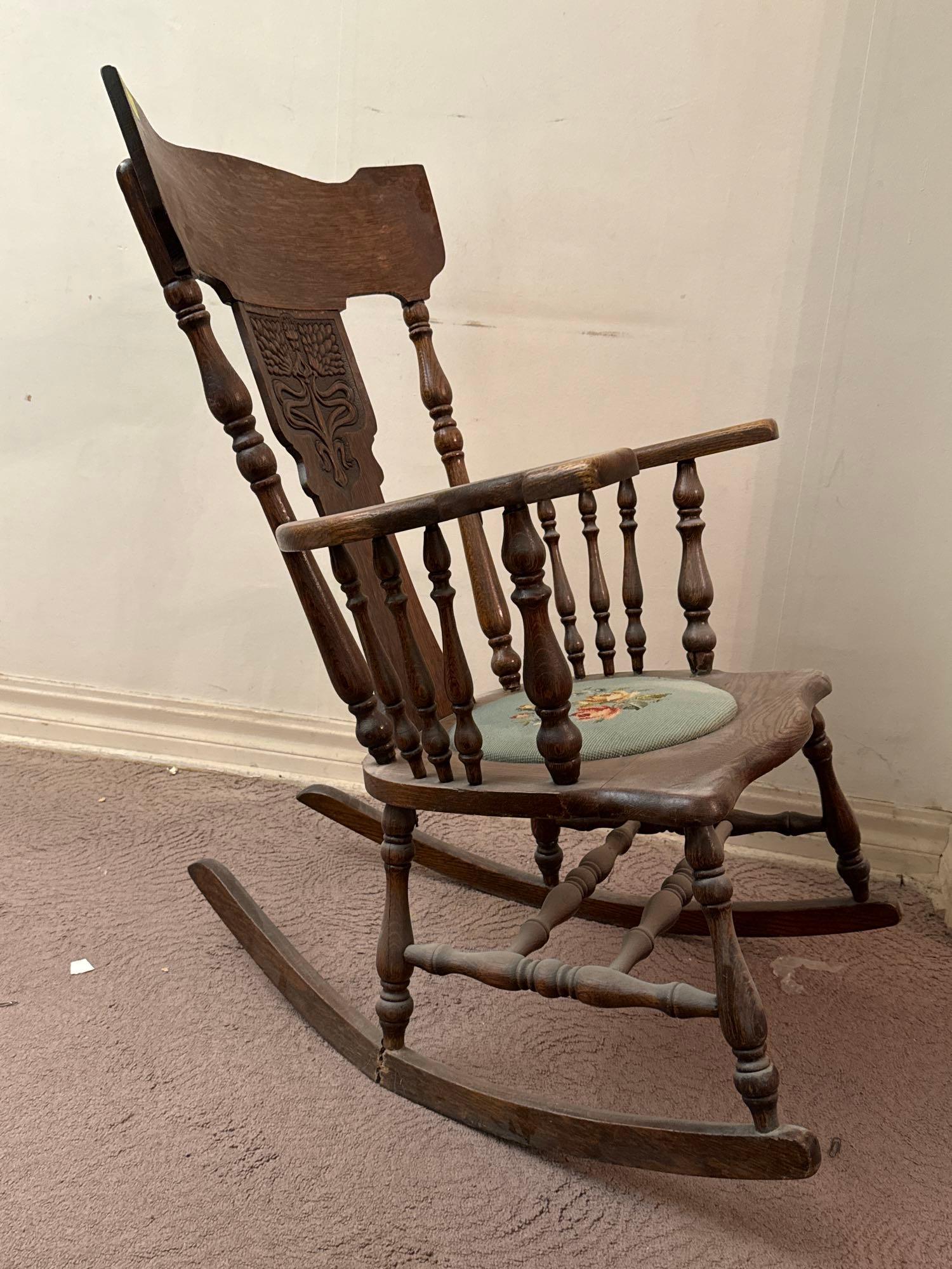 Antique Wood Rocking Chair with Floral Needlepoint Seat