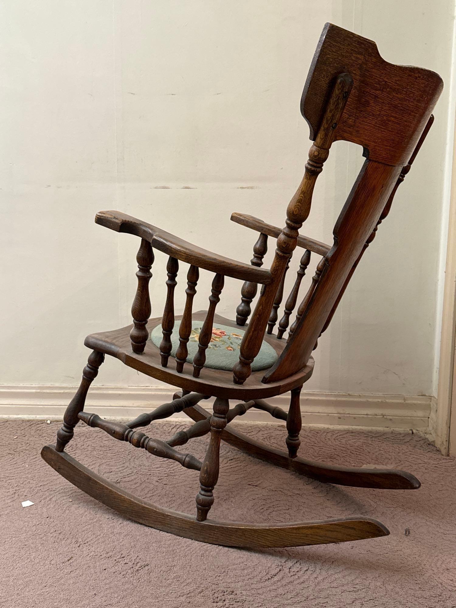 Antique Wood Rocking Chair with Floral Needlepoint Seat