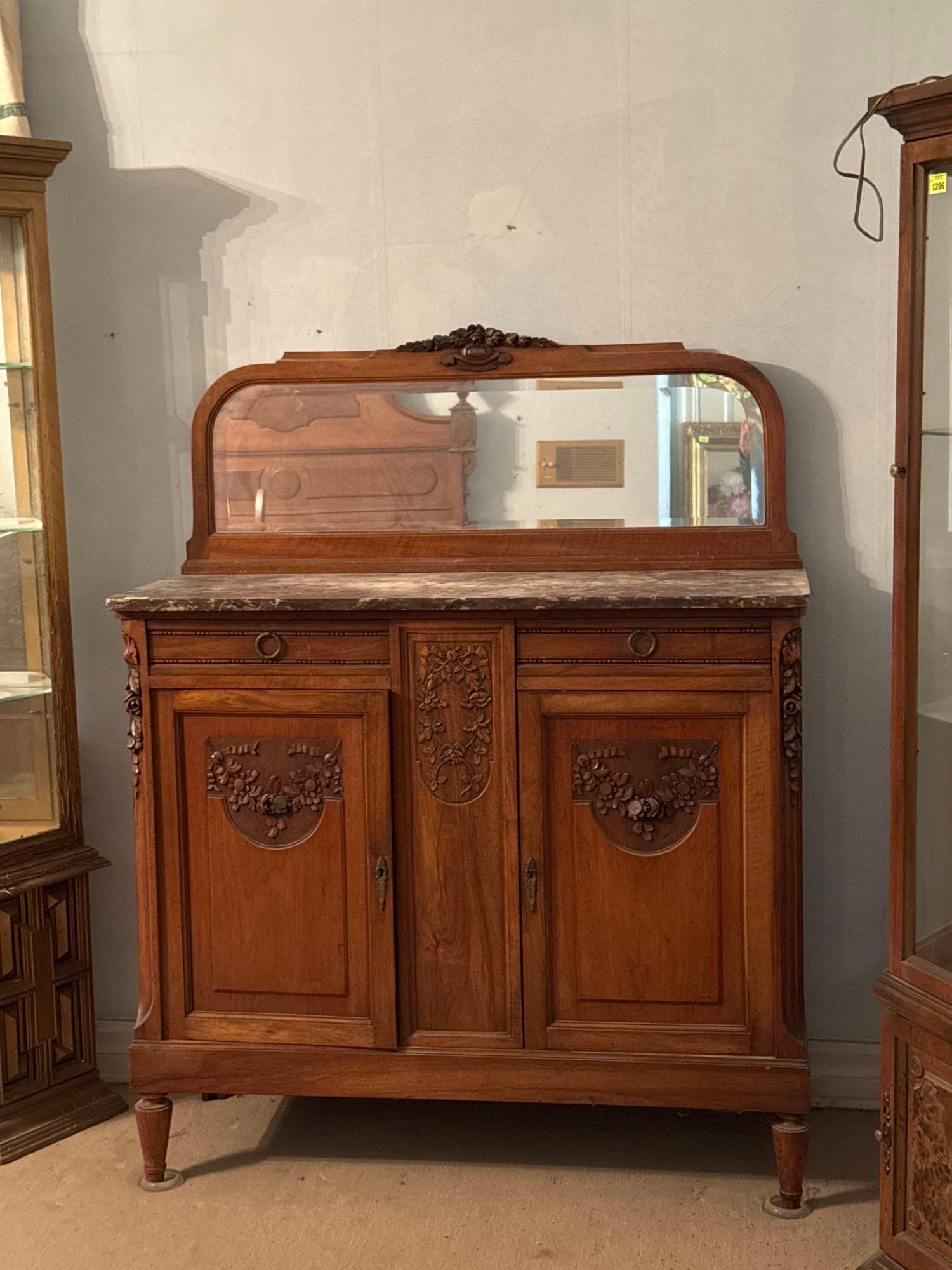 Antique Carved Wood Sideboard Buffet Cabinet with Mirror