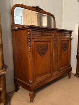 Antique Carved Wood Sideboard Buffet Cabinet with Mirror