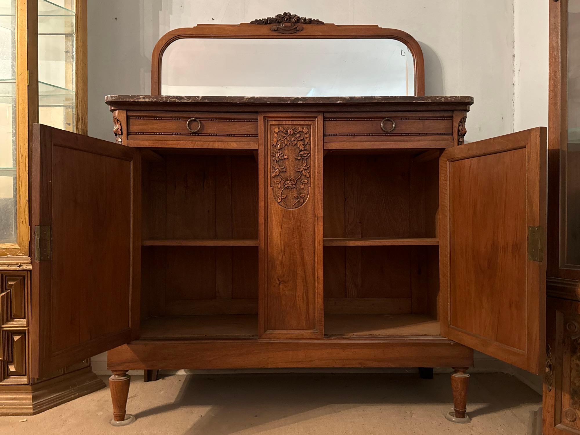 Antique Carved Wood Sideboard Buffet Cabinet with Mirror