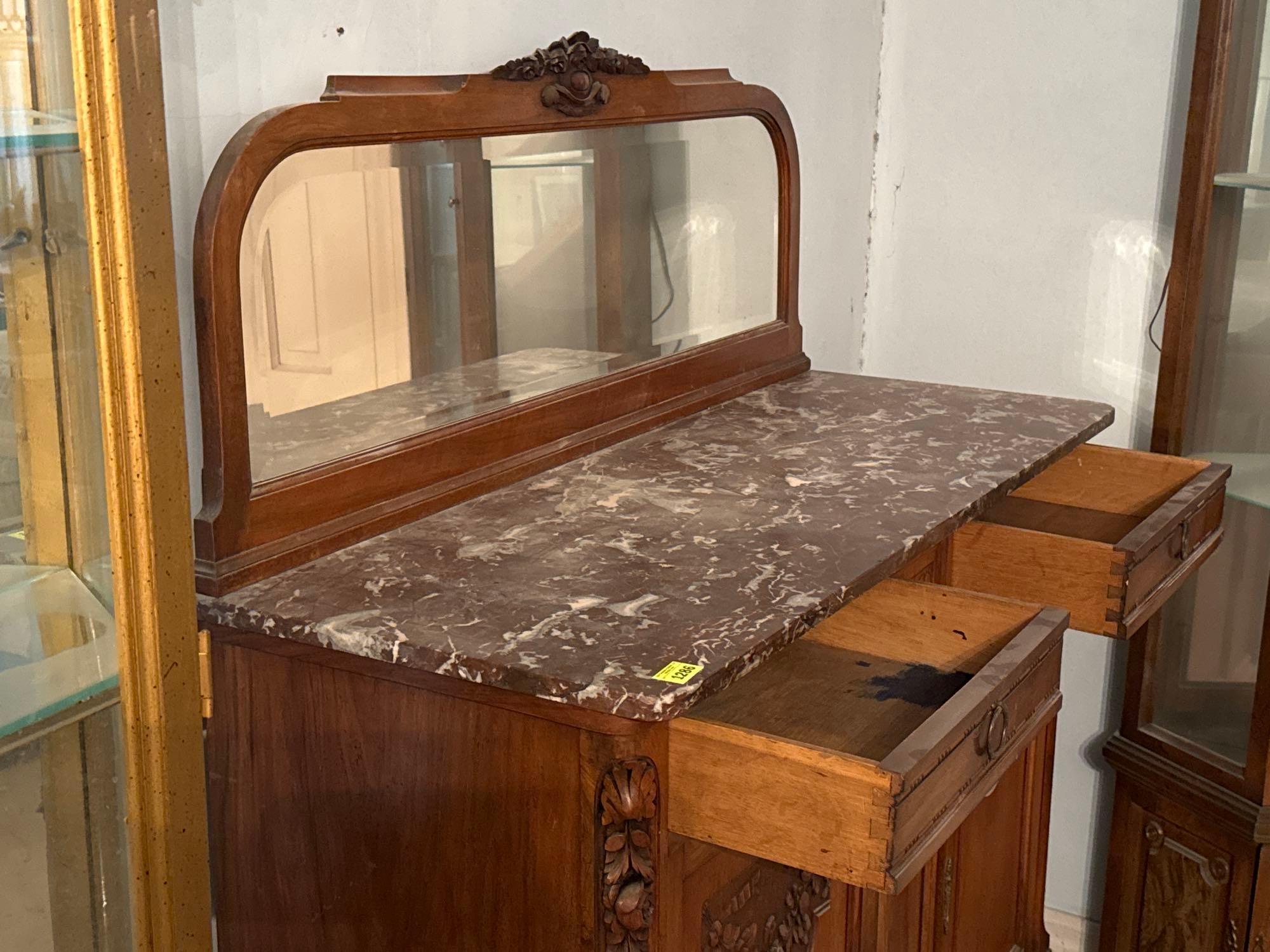 Antique Carved Wood Sideboard Buffet Cabinet with Mirror