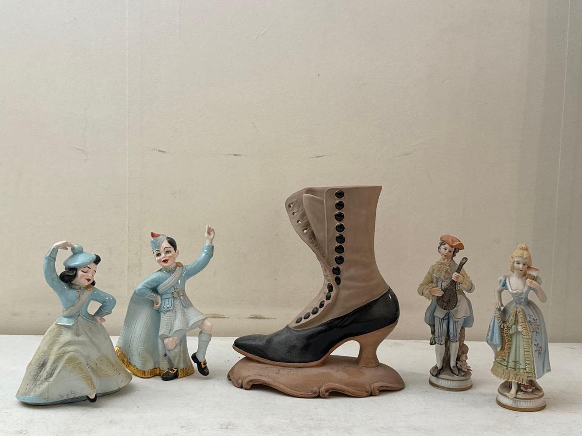 Victorian Boot Planter, Hand Glazed Scottish Couple & Porcelain Colonial Couple
